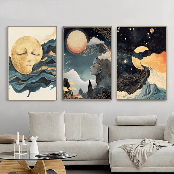 3pcs Frameless, Fun Canvas Wall Art Decor Between Sun and Moon for Home Bedroom Kitchen Living Room Bathroom Hotel Cafe Office, Space Decor, Contemporary Artwork, Modern Art, Premium Wall Decor, Can