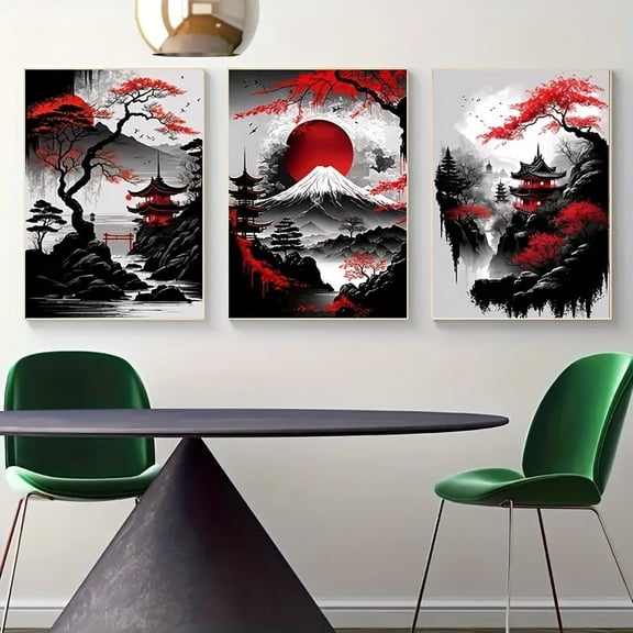 3pcs Frameless Japanese Natural Landscape Canvas Painting Black And Red Posters Vintage Ink Art Wall Art Prints for Living Room Bedroom Home Decor No Frame 12x16in/30x40cm
