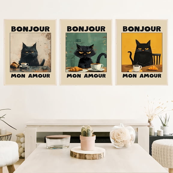 3pcs Frameless Le Chat Noir Posters, Beige Bonjour Mon Amour Black Cat Art Canvas Painting, Creative Mural, Birthday Gift, Living Room, Bedroom, Kitchen, Bathroom, Hallway Decoration