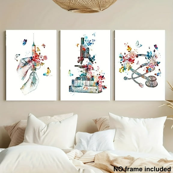 3pcs Frameless Medical Canvas Wall Art Prints - Vintage Scientific Floral designs with Pastel colors - Nursing, Physical Relax Office, Home Decor - Modern Healthcare Decoration - Easy Hang Installat