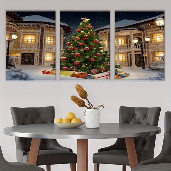 3pcs Frameless Modern Rustic Christmas Canvas Wall Art Set - Snowy Winter Scenes with Glowing Tree, Gifts & Cozy Houses, Triptych Panels for Living Room, Bedroom, Office - Easy-Hang Holiday Decor (N