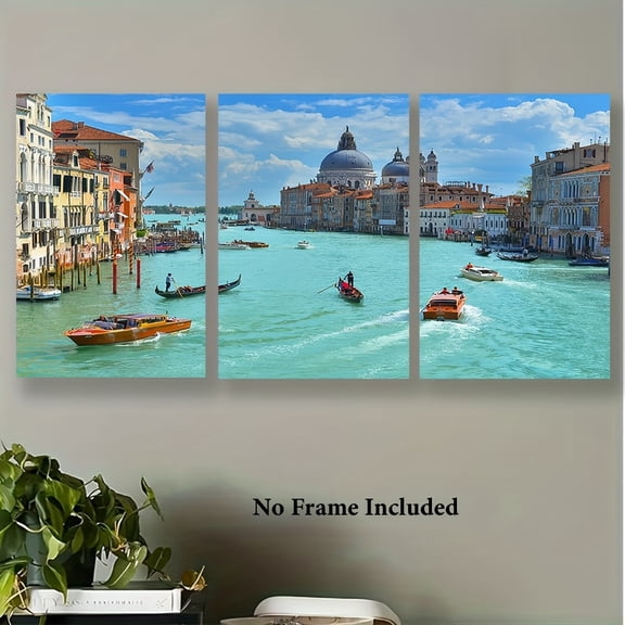 3pcs Frameless Venice Canal Canvas Art Prints - Vibrant Boats & Architecture, Ideal for Home, Office, Bar, Cafe, Classroom, Dormitory Decor, Holiday Gift for Easter, April Fools' Day, Mother'S Day,