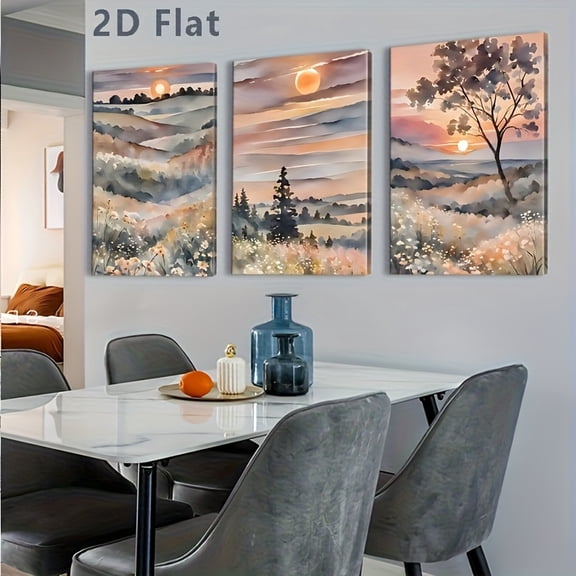 3pcs Frameless Vertical Wall Art Panels Set - Pastel Pink & Beige Landscape Paintings, Victorian/Baroque/Art Deco Style Triptych for Indoor/ Use, Minimalist Modern Gallery Decor (Winter/Spring), Bed