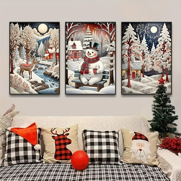 3pcs Frameless Winter Landscape Reindeer Snowman Posters and Prints Christmas Canvas Painting Wall Art Pictures for Living Room Home Decor No Frame