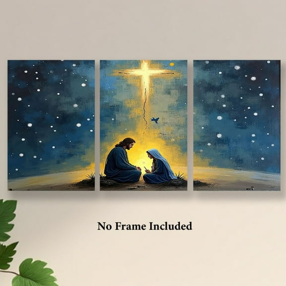3pcs Framless Canvas Nativity Scene Wall Art - Serene Blue and Golden Starry Night with Mary, Joseph, and Jesus, Ideal for Home, Office, or Holiday Gifts, Holiday Wall Decor|Spiritual Wall Art|Detai