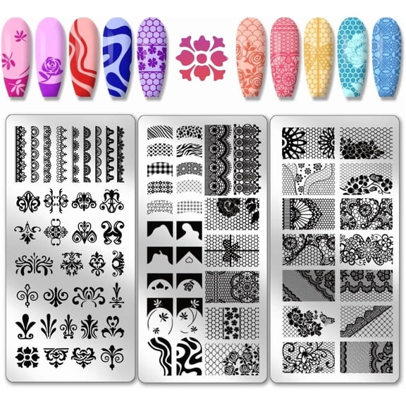 3pcs French Lace Pattern Nail Stamp Plate Flower Lace Nail Art Template Stainless Steel Nail Image Plate Lace Pattern Nail Art Stencils Handmade
