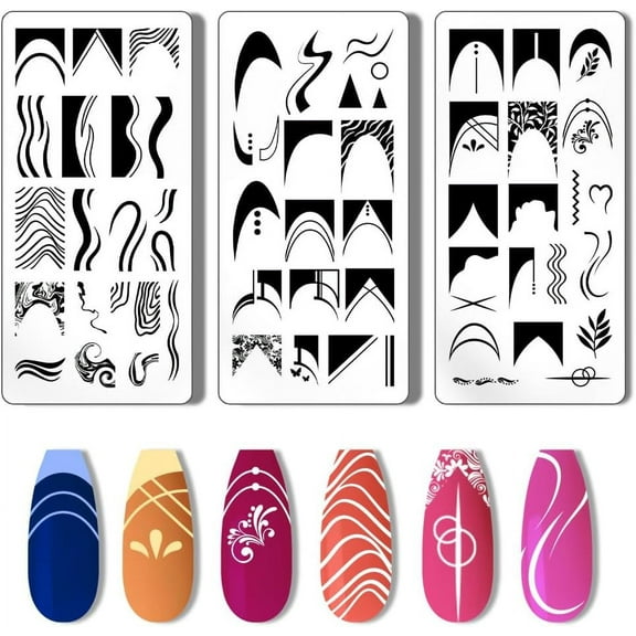 3pcs French Nail Art Stamping Plate Nail Stamper Wave Stripes Nail Stamping Plate Nail Stencils Print Nail Stencils Stainless Steel Nail Image Plates for Nail Art Design Manicure Salon DIY