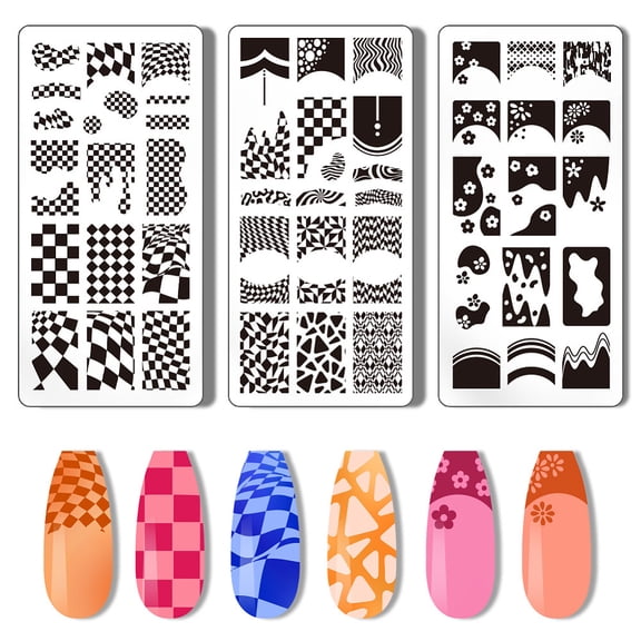 3pcs French Nail Stamper Tartan Nail Stamping Plate French Tip Nail Art Stencils Plaid Wave Print Nail Stencils Stainless