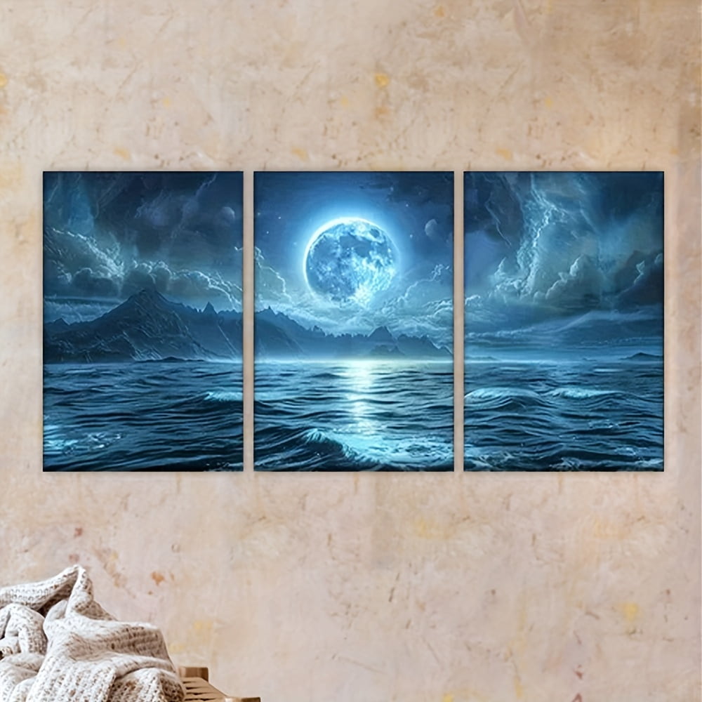 3pcs Full Moon Over Ocean Triptych Canvas Wall Art Set - Unframed Blue ...