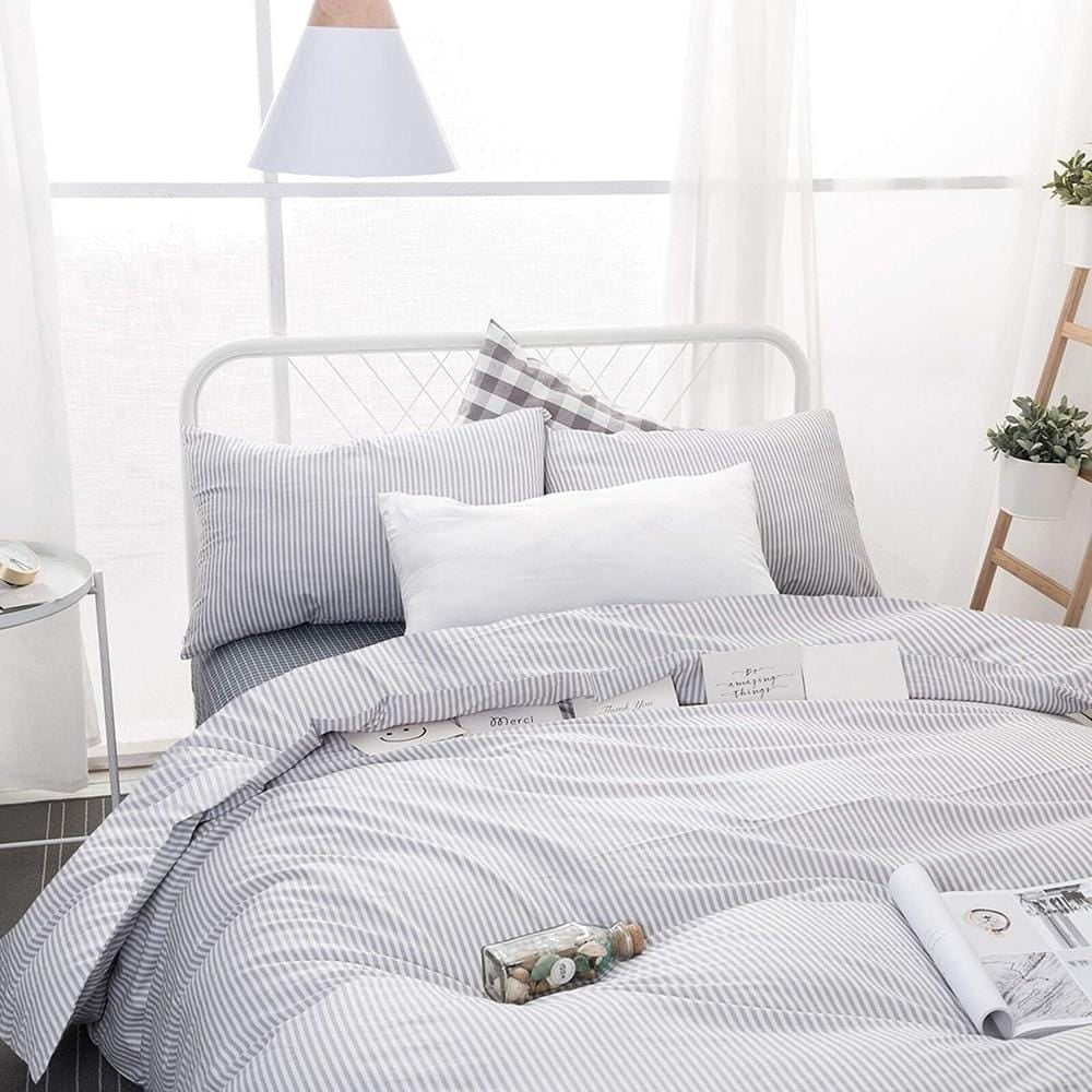 Full Size Gray and White Cotton Striped Duvet Cover Set