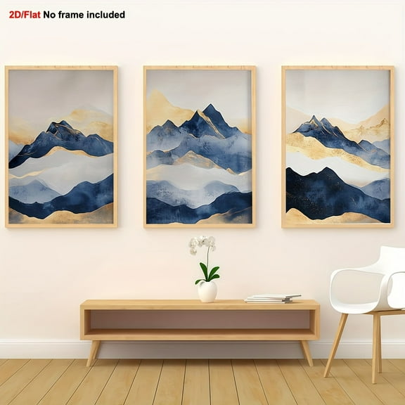 3pcs, Fun Canvas Wall Decor Abstract Mountain Triptych Art Set of 3 Blue and Golden Modern Three-Piece Landscape Décor for Living Room or Bedroom, 2D Flat, Perfect for Room Decor, Wall Art, Wall Art