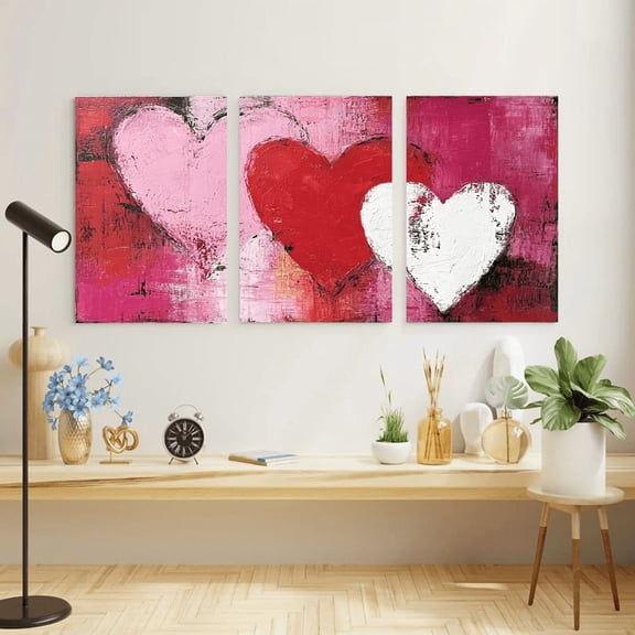 3pcs Fun Creative Frameless Canvas Wall Decor, 2D Flat, Christmas Valentine's Day Vintage Heart Art with Red White Heart Design, Modern Minimalist Square Art. Perfect for Living Rooms, Bedroom