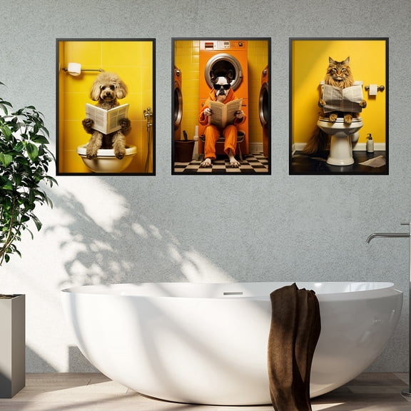 3pcs Funny Animal Bathroom Decor Canvas Art Poster Cartoon Panda Cat Dog Bathtub Wall Painting for Bathroom Toilet Decor