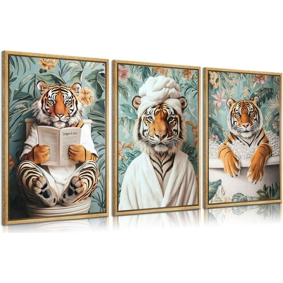 3pcs Funny Bathroom Tiger Canvas Wall Art Boho Tropical Botanical Tiger Reading Newspaper On Toilet Posters Prints Animal In Bathtub Wall Decor Pictures for Bathroom Decoration