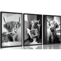 3pcs Funny Highland Cow Bathroom Canvas Wall Art Black and White Cute Cow Animal Painting Picture Wall Decor Rustic Farmhouse Cow in Toilet Poster Print Artwork for Bathroom Restroom