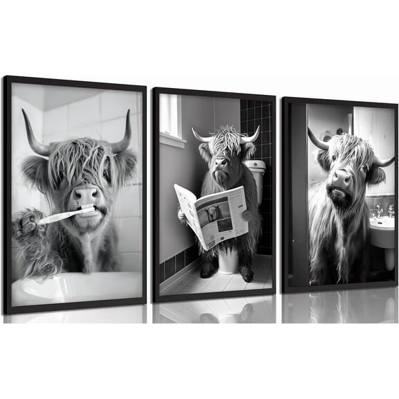 3pcs Funny Highland Cow Bathroom Canvas Wall Art Black and White Cute Cow Animal Painting Picture Wall Decor Rustic Farmhouse Cow in Toilet Poster Print Artwork for Bathroom Restroom