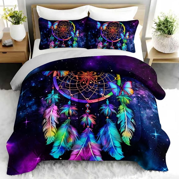 3pcs Galaxy Dreamcatcher Comforter Set, Bohemian Bedding Set for Bedroom or Guest Room Decor, All Seasons Quilt Machine Washable Duvet with 2 Pillowcases