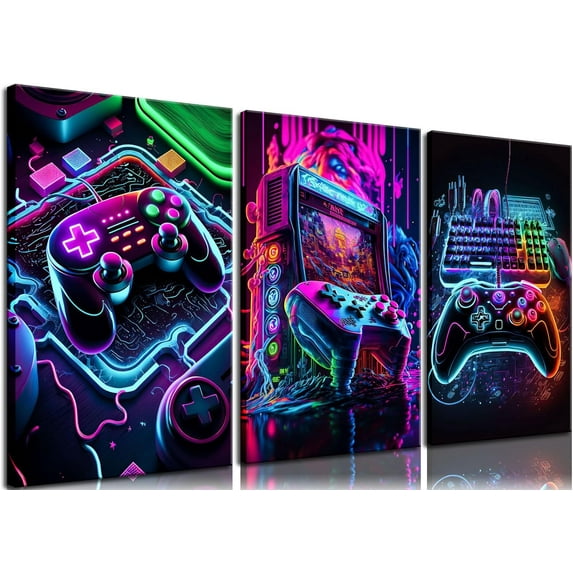 3pcs Game Room Decor Neon Gaming Wall Art Posters Gamer Accessories Theme Canvas Print Game Console Painting Picture for Children Youth Game Boys Bedroom Teen Wall Decor Framed 12"x16"x3