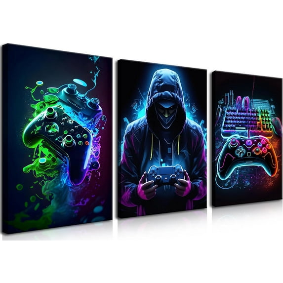 3pcs Game Room Decorative Poster Wall Art Colorful Game Handle Theme Canvas Print
