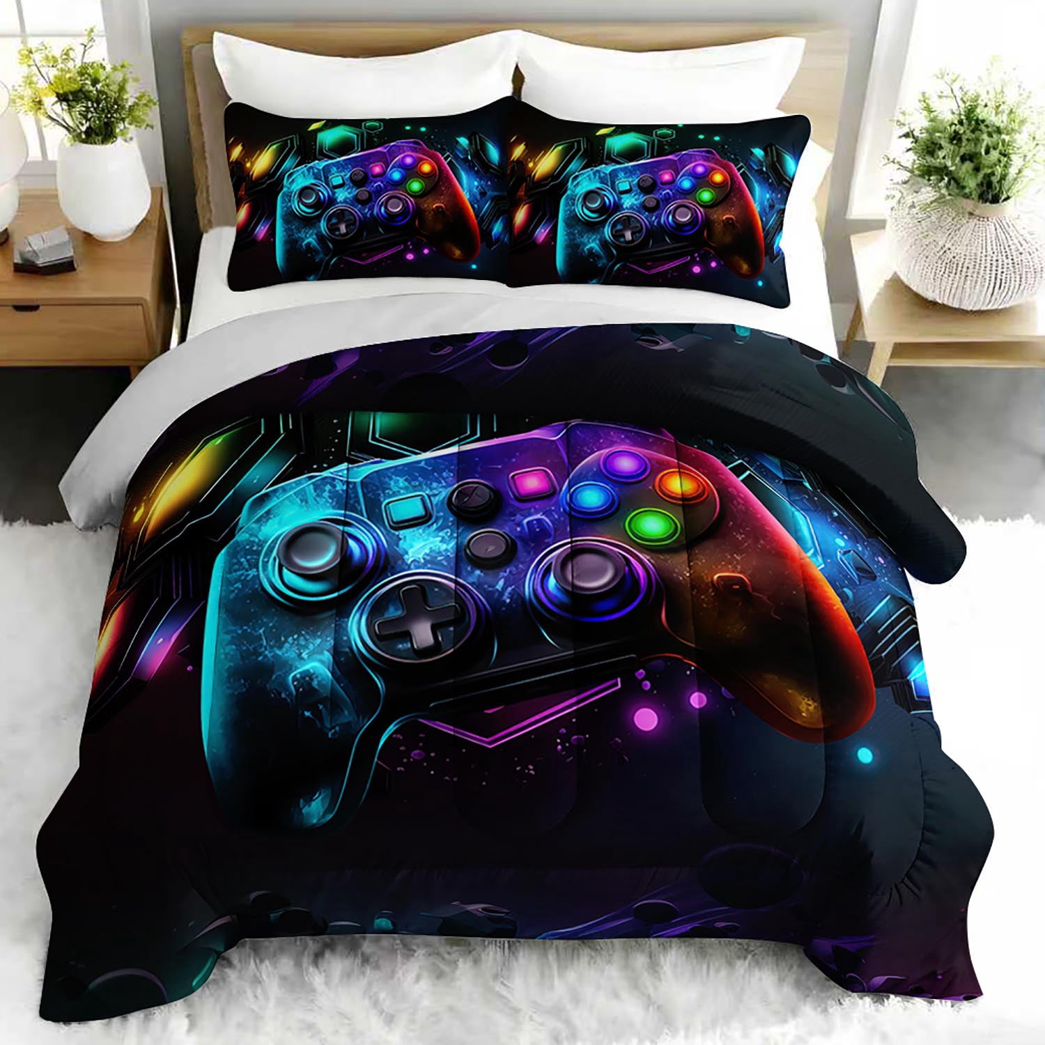 3pcs Gaming Controller Comforter Set, Neon Gamer Bedding Set for Bedroom or Guest Room Decor, All Seasons Quilt Machine Washable Duvet with 2 Pillowcases