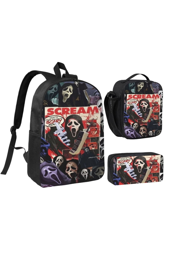 3pcs Ghostface Backpack Set With Pen Bag And Lunch Bag Fashion Travel Backpack Laptop Backpack Simple And Large Capacity Backpack 17 Inch