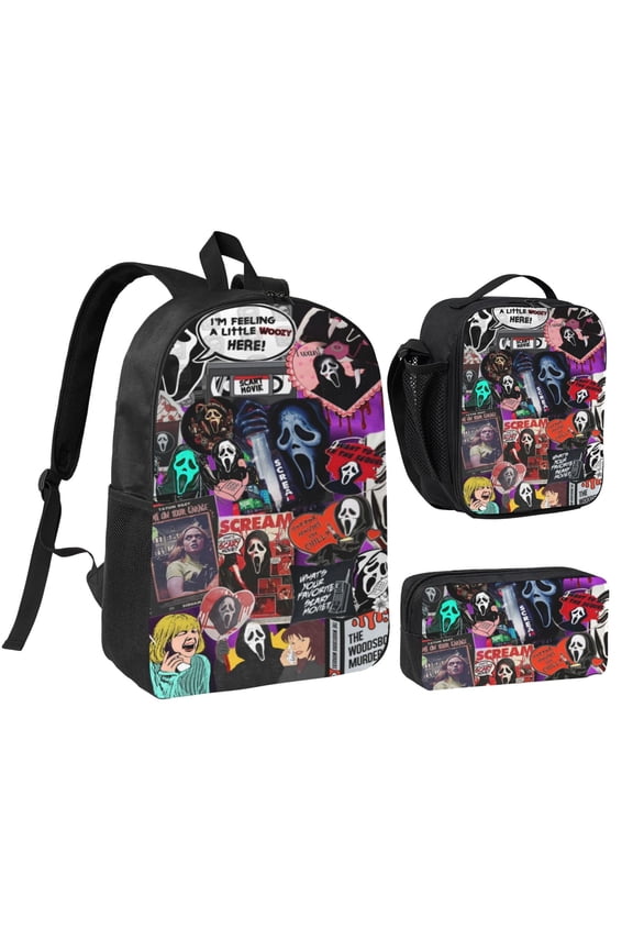 3pcs Ghostface Backpack Set With Pen Bag And Lunch Bag Fashion Travel Backpack Laptop Backpack Simple And Large Capacity Backpack 17 Inch