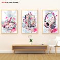 thumbnail image 1 of 3pcs Girls' Bohemian Watercolor Wall Art Set - Pastel Pink & Soft Blue Floral Paintings with Headphones, Books & Sneakers Decor, Frameless Canvas Panels for Teen Girls' Bedroom,, Dorm Room - Easy Pe, 1 of 4