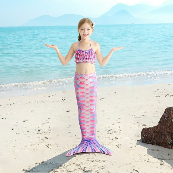 3pcs Girls Swimsuit Tails for Girls Bikini Fish Tail Set Sport Halter Swimwear for Child Girl 6-7 Years