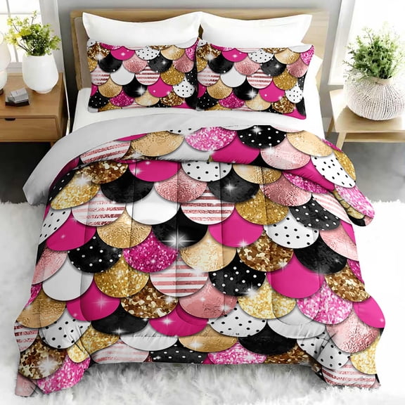3pcs Glitter Scales Comforter Set, Mermaid Bedding Set for Bedroom or Guest Room Decor, All Seasons Quilt Machine Washable Duvet with 2 Pillowcases