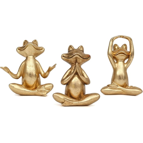 3pcs Gold Frog Figurines Yoga Decor-Frog Yoga Statues for Room Desk Table Home Office Bookshelf Shelves Sculptures Decor