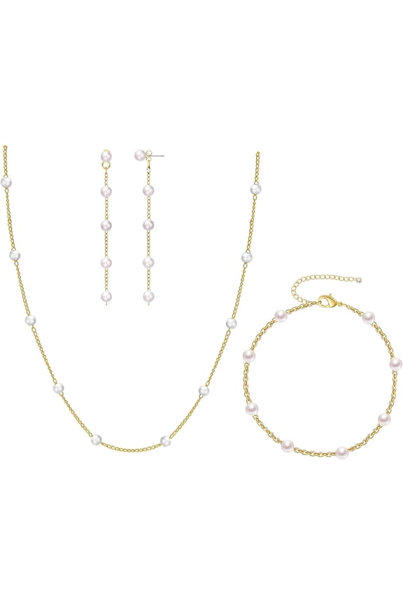 3pcs Gold Jewelry Set for Women, Dainty 14K Gold Plated Pearl Necklace and Earring Set with Drop Earrings, Bracelets, Necklace - Wedding Jewelry Gift