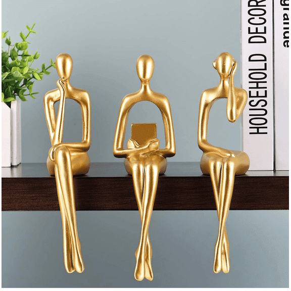3pcs Gold Resin Thinker Statues, Abstract Sitting Sculptures, Home Office Bookshelf Desk Figurines, Living Room Shelf Accents & Table Centerpieces