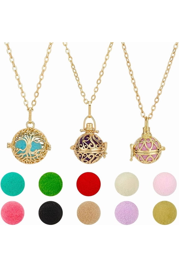 3pcs Golden Essential Oil Diffuser Necklace Aromatherapy Locket Pendant with 10pcs Color Cotton Balls Scent Necklace Hollow Flower Pendant Necklaces