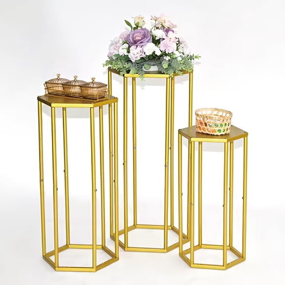 3pcs Golden Hexagon Pedestal Dessert Table Stand Cylinder Stands For Party Wedding Flower Frames Party Cake Table Living Room Decor High Quality Indoor And Outdoor Decor