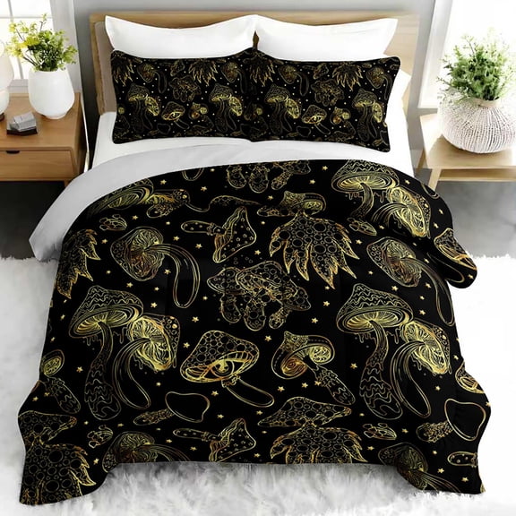 3pcs Golden Mushroom Comforter Set, Psychedelic Bedding Set for Bedroom or Guest Room Decor, All Seasons Quilt Machine Washable Duvet with 2 Pillowcases