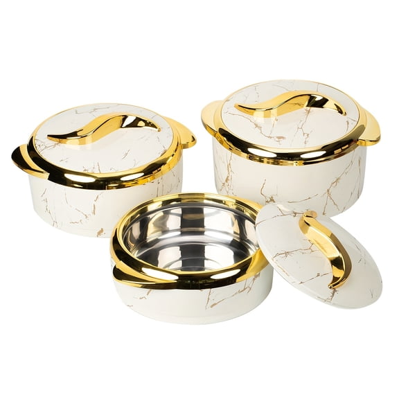 3pcs Golden Touch Food Warmer Set- Elegant White and Golden Marble Design, Insulated Stainless Steel Container with Lid(50.72oz, 67.63oz, 84.54oz)- Keeps Food Warm for 6 Hours, Cold for 4 Hours