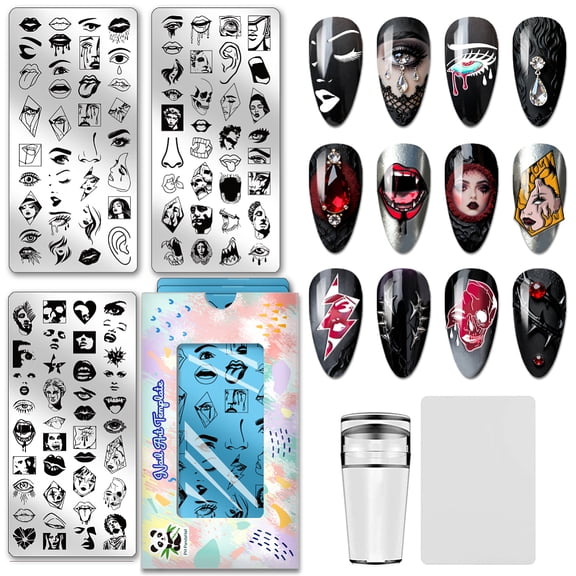 3pcs Gothic Nail Stamping Plates Horrible Nail Art Stencils Punk Face Eyes Mouth Lips Manicure Art Templates Stainless Steel Image Plates DIY