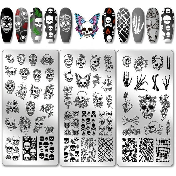 3pcs Gothic Skull Nail Stamper 58 Patterns Horror Skeleton Flower Nail Stamping Plate Nail Art Stencils Stainless Steel Nail Image Plates for Nail Design Print Manicure Salon