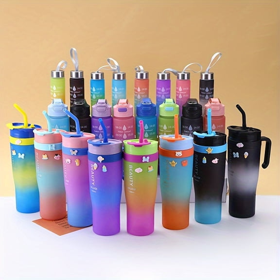 3pcs Gradient Color Large Capacity Water Bottle Set - 46oz/27oz/9.5oz, 1360ml/800ml/280ml, With Straw, Lid And Handle - BPA Free, Leakproof - For Outdoor Sports, Fitness, Travel - Perfect Gift
