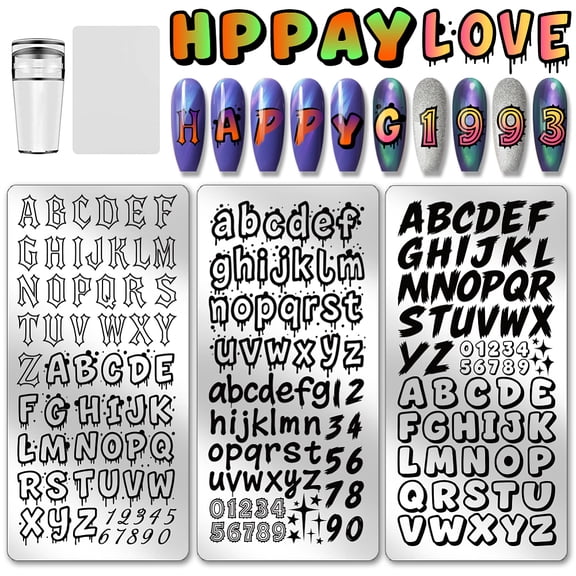 3pcs Graffiti Letter Nail Stamp Plate Initial Letter Print Art Template Stainless Steel Nail Image Plate Letters Pattern Nails Art Stencils DIY