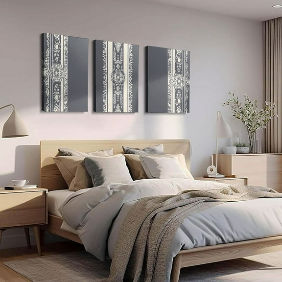 3pcs Gray and White Tribal Patterns Canvas Wall Art - Frameless, Seamless Design Prints for Living Room or Bathroom Decor, Modern Home Bathroom Decoration|Modern Home Decor|Seamless Design