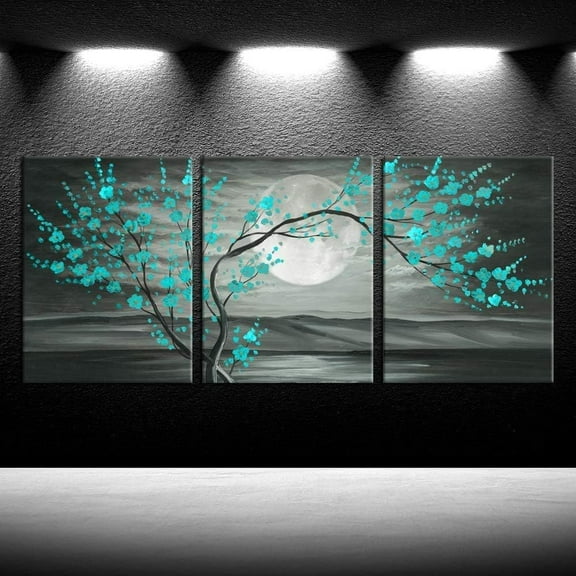 3pcs Grey and Teal Floral Canvas Prints Framed Plum Blossom Tree Oil Painting Printed on Canvas Gallery Wrapped Full Moon Flower Pictures Living Room Traditional Paintings 12x16x3pcs
