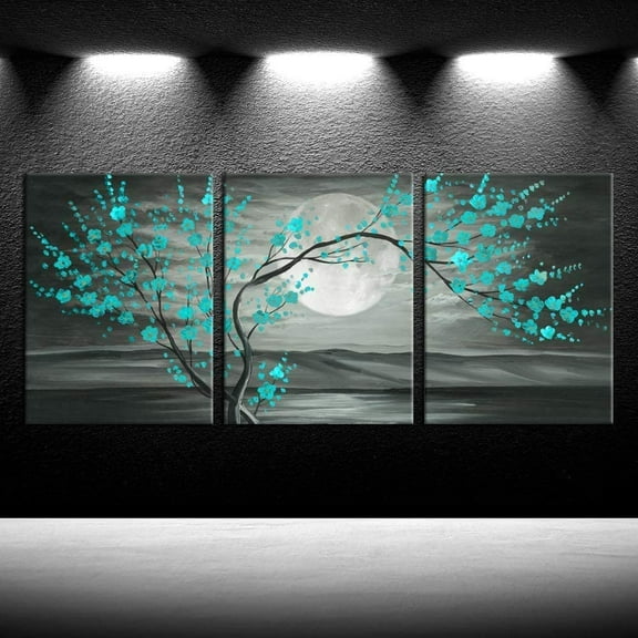 3pcs Grey and Teal Floral Canvas Prints Framed Plum Blossom Tree Oil Painting Printed on Canvas Gallery Wrapped Full Moon Flower Pictures Living Room Traditional Paintings 12x16x3pcs