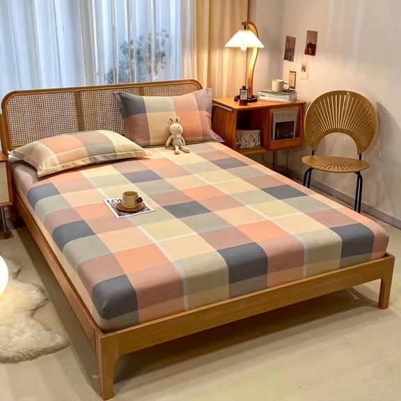 3pcs Grid Cloud Pattern Print Bed Sheet Set Soft Breathable Bedding for Twin Full Queen King Mattresses