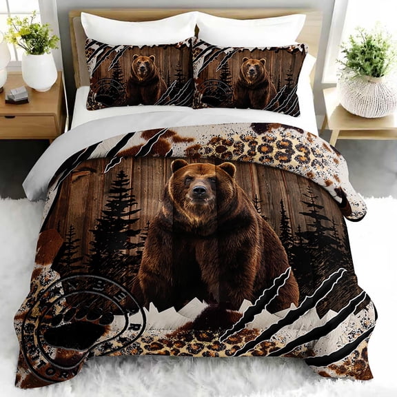3pcs Grizzly Bear Comforter Set, Forest Animal Bedding Set for Bedroom or Guest Room Decor, All Seasons Quilt Machine Washable Duvet with 2 Pillowcases