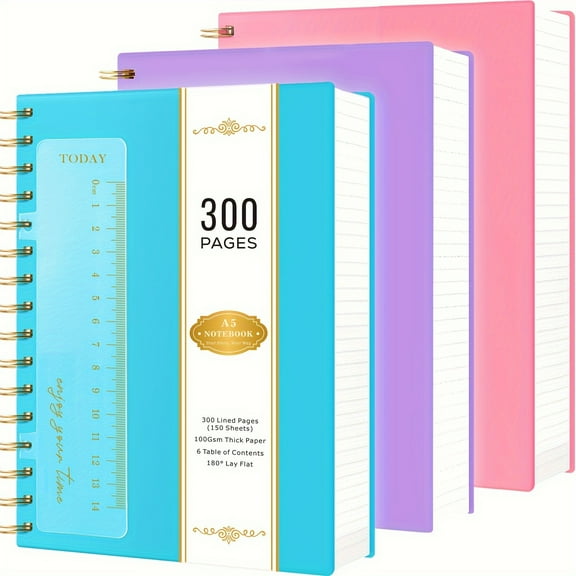 3pcs Guang Sheng Pu Spiral Notebooks - A5 Faux Leather Journal Notebooks, 300 Pages (5.7x8.4 Inch), Waterproof PVC Cover with Ruler & Grid Paper, Thick 100GSM for College, Office, Note-Taking