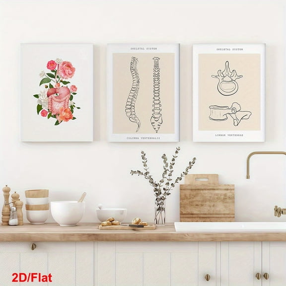 3pcs HD Decorative Canvas Art, 2D Frameless Wall Hanging, Anatomy Mural Set, Medical Artwork, Gastro System Poster, Watercolor Anatomy Print, Floral Anatomy Diagram, Clinic Decor