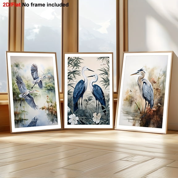 3pcs HD Decorative Canvas Art, Frameless 2D Wall Hanging Prints, Large Blue Cranes & Watercolor Scene, Minimalist Coastal Room Decor, Extra Large Bird Picture, Ideal for Any Occasion Gift, Large Can