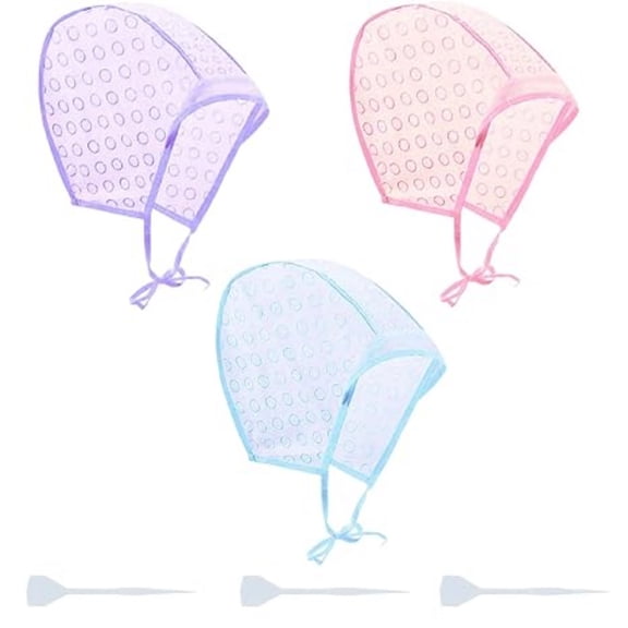 3pcs Hair Highlighting Caps, Bleach Cap Coloring Frosting Dye Kit with Plastic Hooks for Salon Hair Dyeing Hairdressing (Pink, Blue, Purple