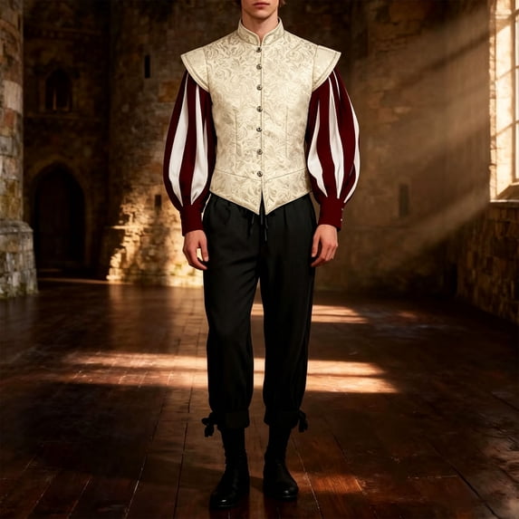 3pcs Halloween Outfits Men's Medieval Court Style Waistcoat + Vintage Shirt + Fashion 3/4 Pants Set Beige L